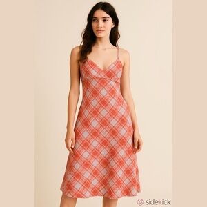 Esprit Y2K coral red plaid cotton corset midi sundress Size 10 lined